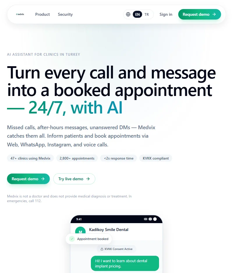 Medvix — AI assistant for clinics, live product page